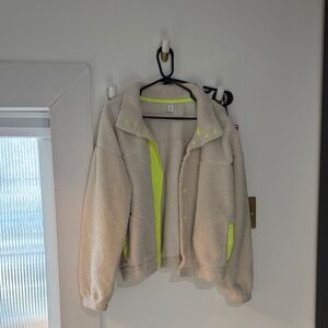 Old Navy Cream Teddy Jacket with Neon Yellow Accents